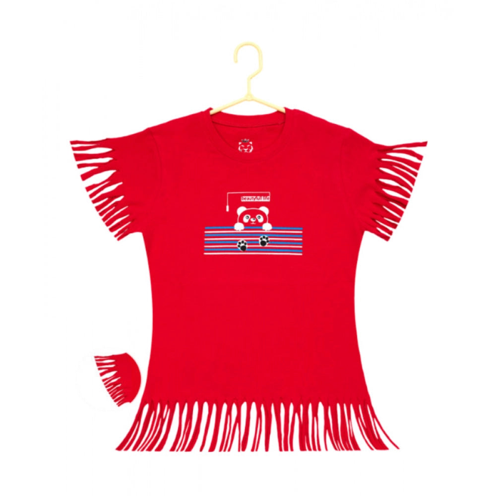 Red printed cotton girl's casual short sleeve t-shirt with round neck on display