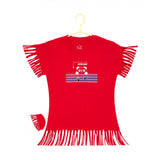 Red printed cotton girl's casual short sleeve t-shirt with round neck on display