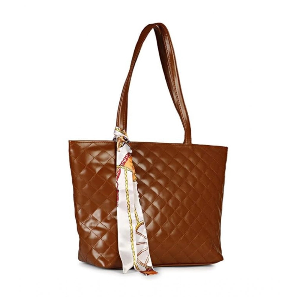 Dark brown polyurethane women's shoulder bag with a wide strap and textured pattern