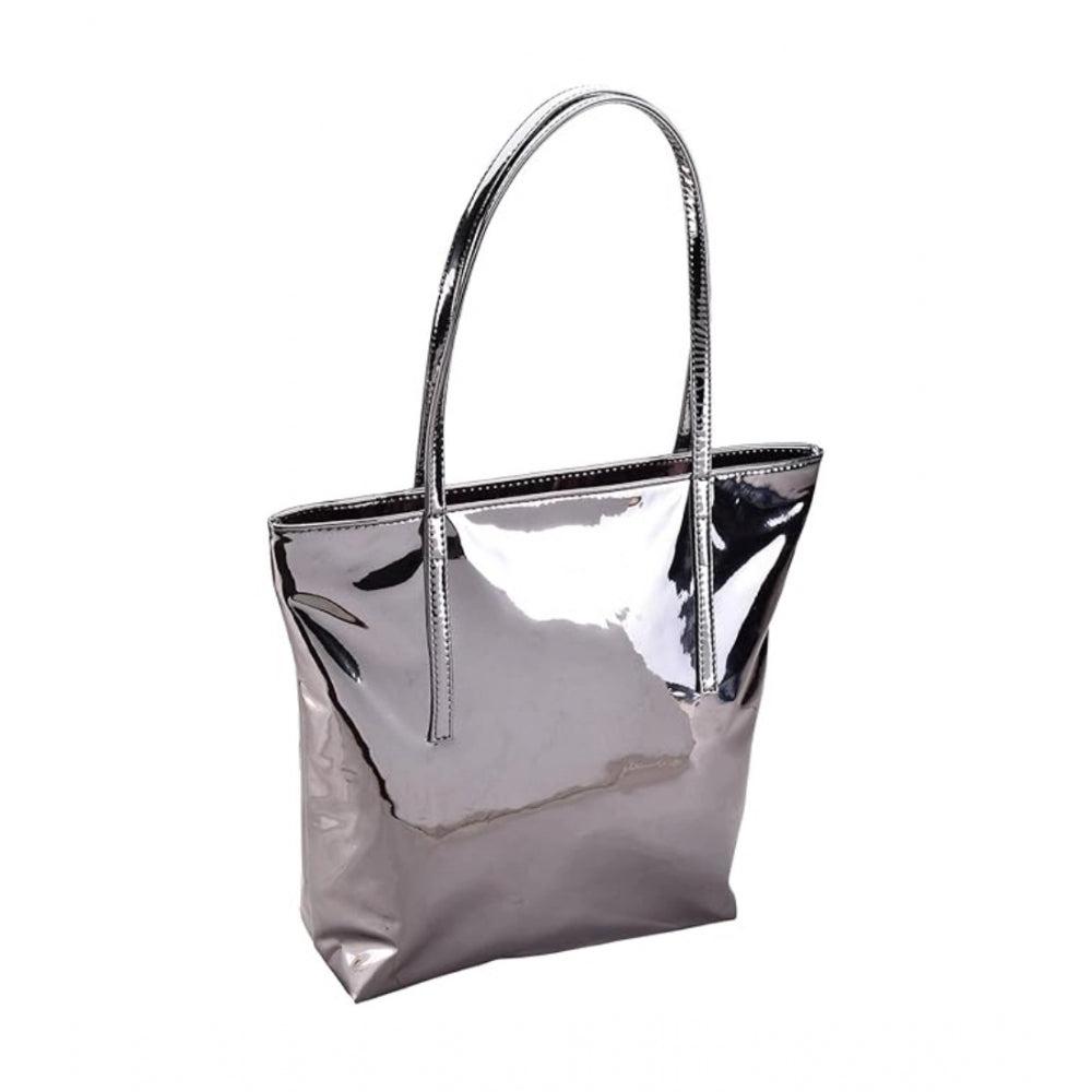 Grey synthetic shoulder bag with silver metallic accents