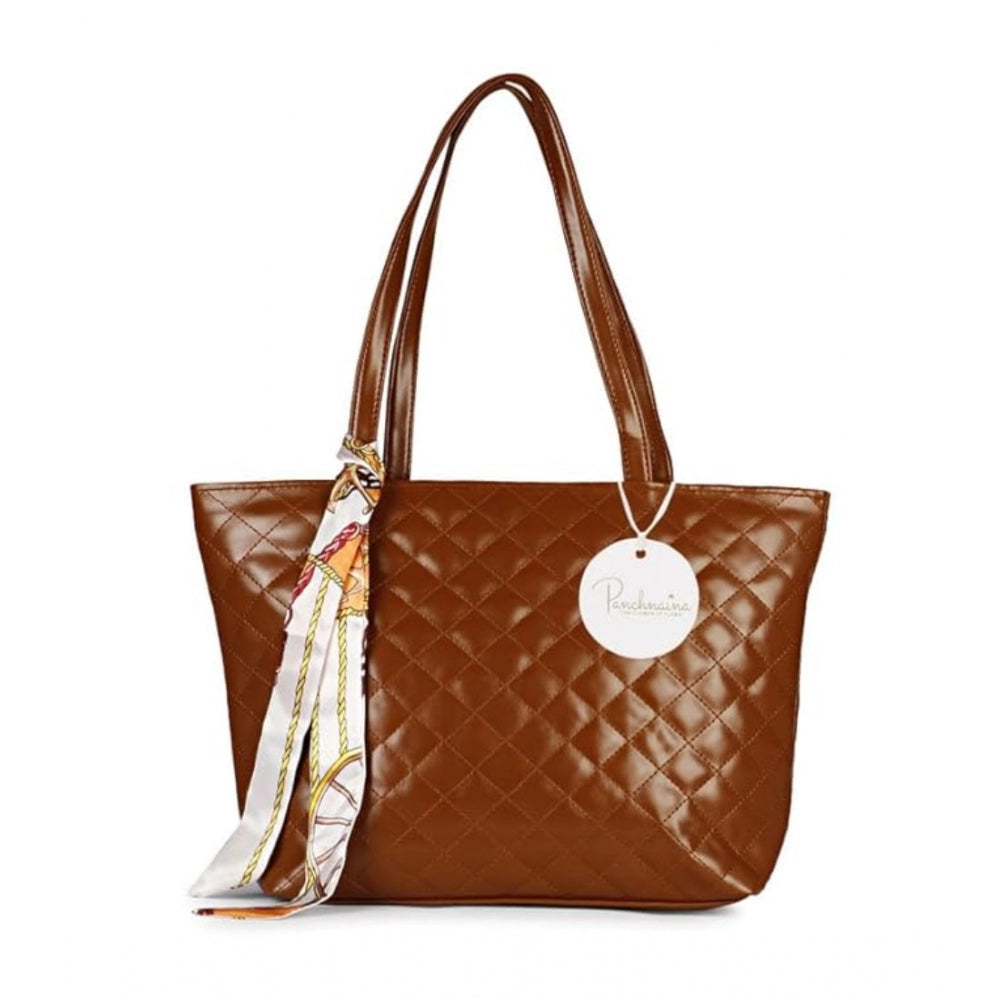 The image depicts a dark brown, quilted polyurethane shoulder bag with a prominent logo tag