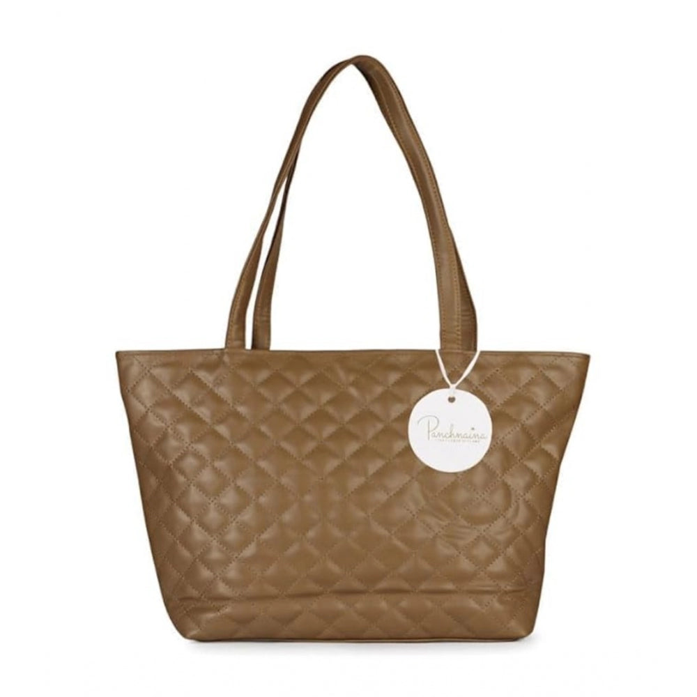 A light brown polyurethane textured shoulder bag with a zip closure