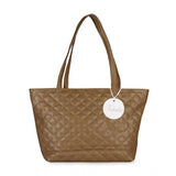 A light brown polyurethane textured shoulder bag with a zip closure