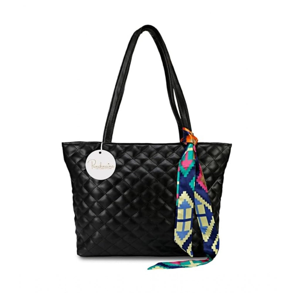 Black polyurethane textured shoulder bag with multiple card slots and a long, colorful scarf tied around it
