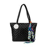 Black polyurethane textured shoulder bag with multiple card slots and a long, colorful scarf tied around it