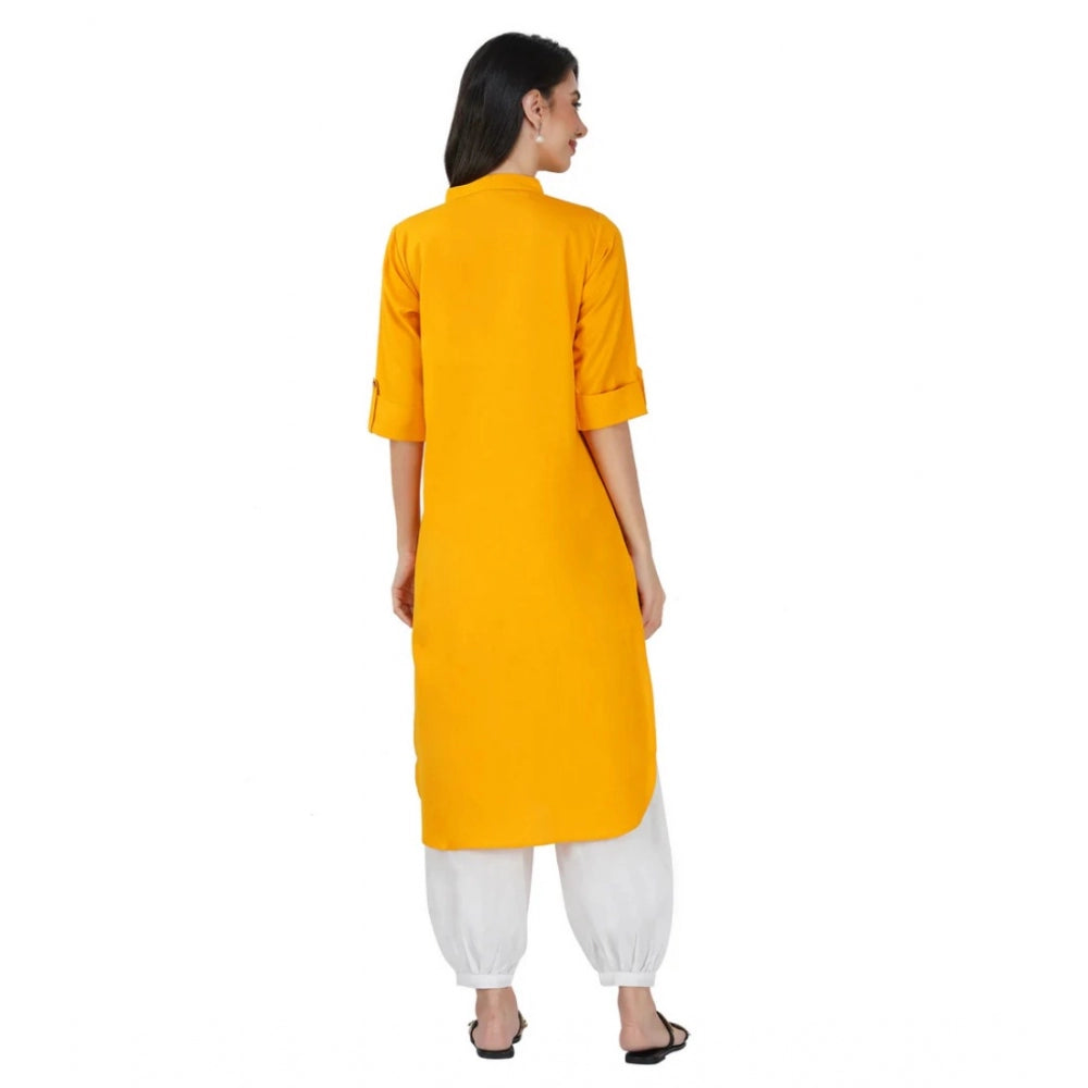 Yellow cotton casual kurti with 3-4 sleeves, high neck design for women's fashion