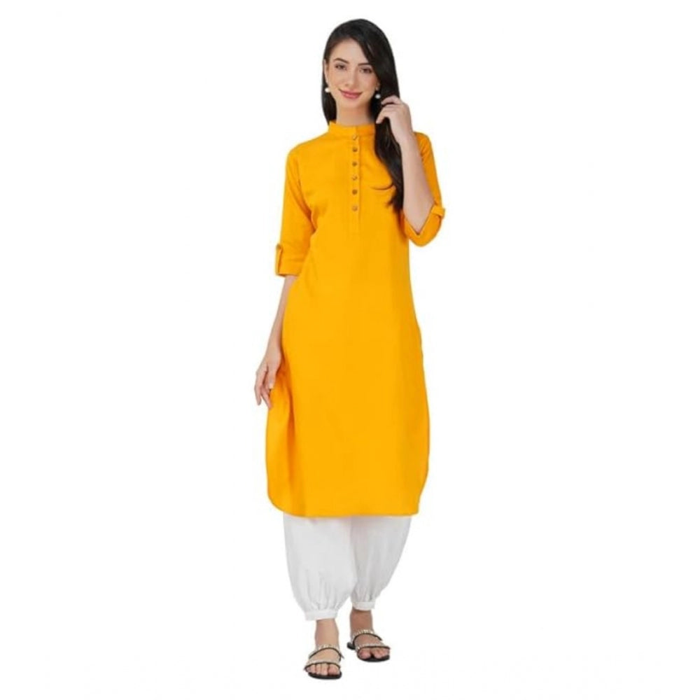 Yellow cotton casual kurti with high neck and 3-4 sleeves