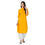 Yellow cotton casual kurti with high neck and 3-4 sleeves