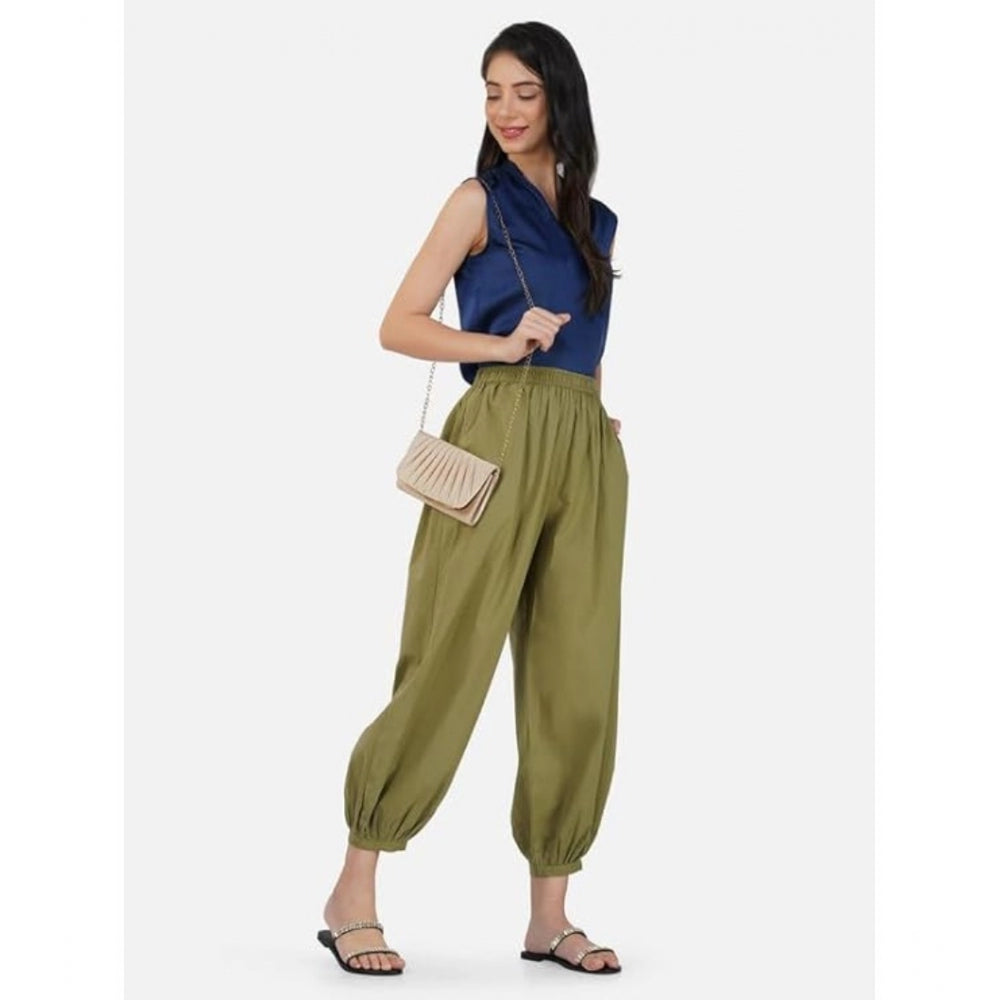Women's Casual Cotton Cambric Solid Elastic Waist Patiala Harem Pants (Green) - GillKart
