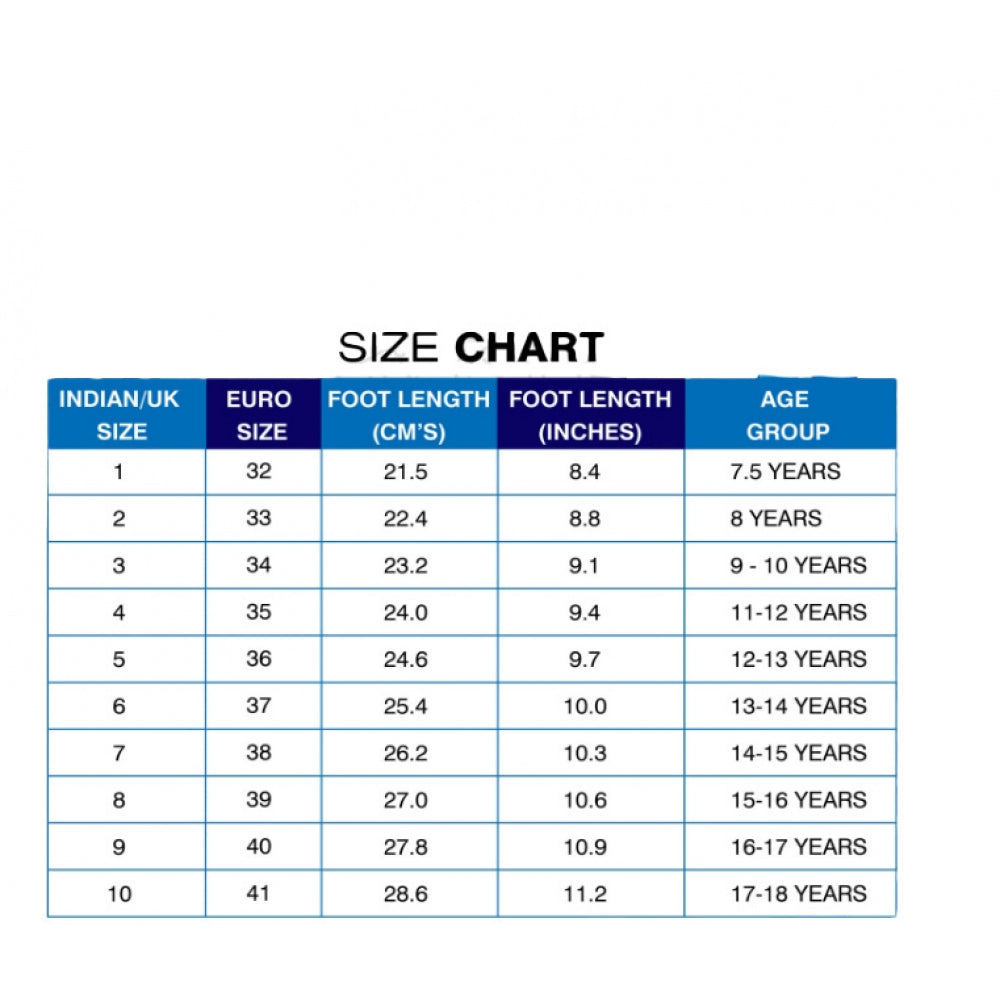 Black cotton school shoes with laces, size chart