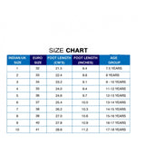 Black cotton school shoes with laces, size chart