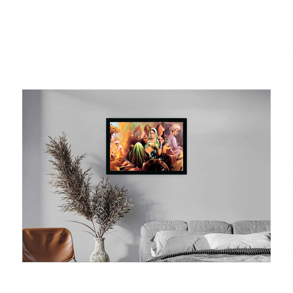 Rajasthani Village Modern Art Painting with Synthetic Photo Frame (Multicolor)