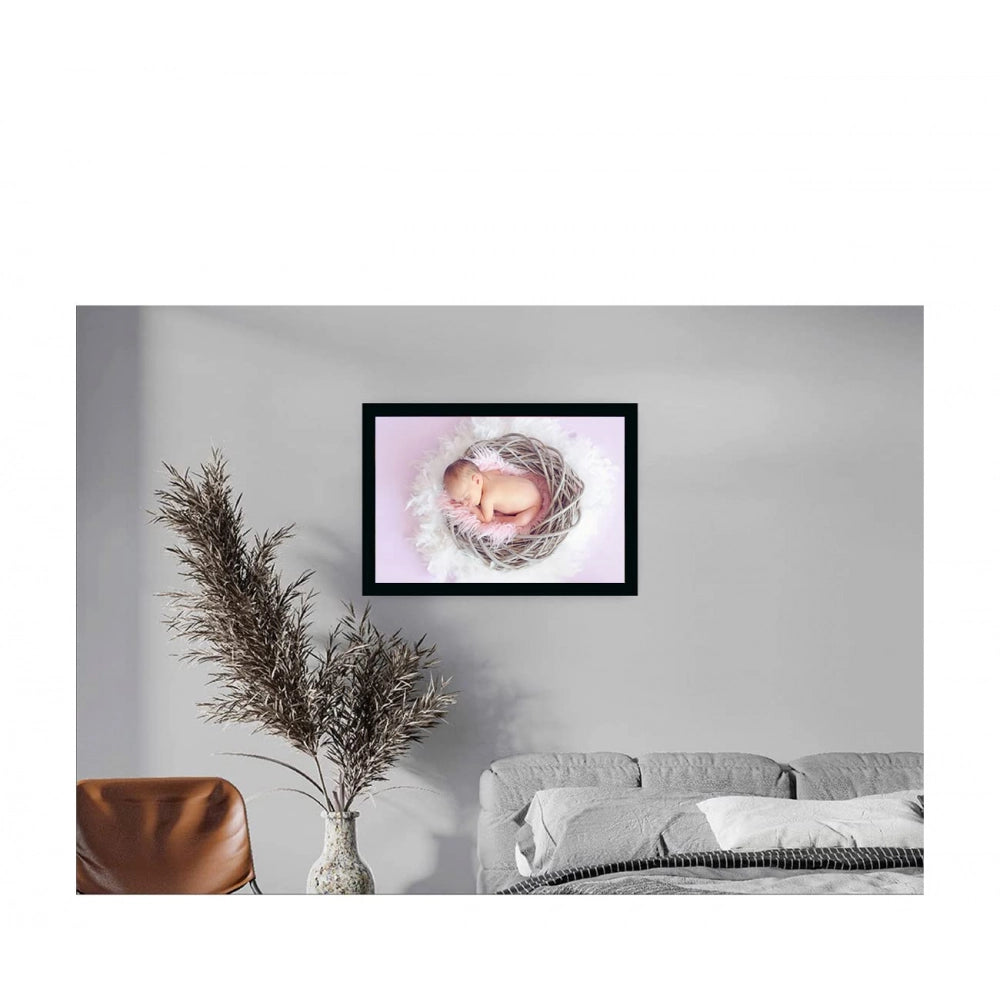 Baby photo painting on canvas, inside a multicolored synthetic frame