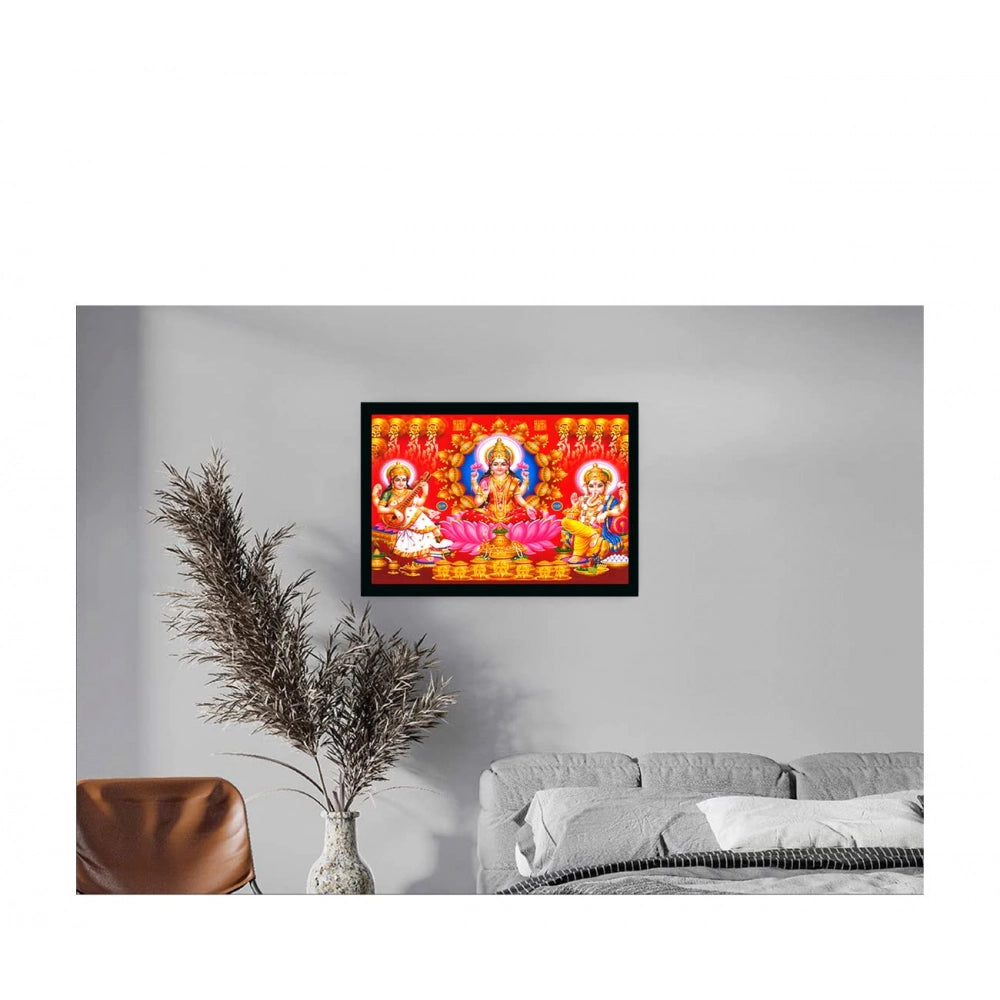 Laxmi Ganesh Saraswati Painting with Synthetic Photo Frame (Multicolor)