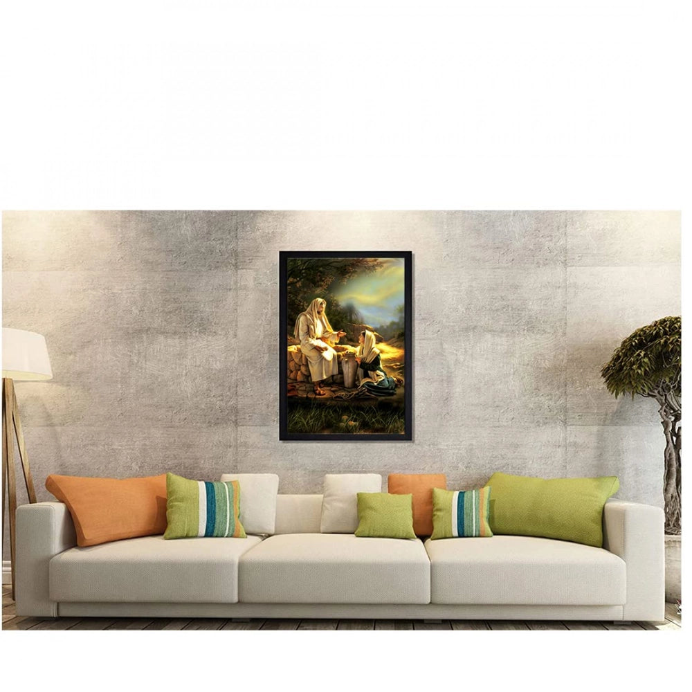 A wall-mounted painting of Jesus Christ within a multicolored photo frame