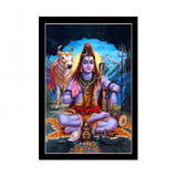 A multicolored painting of Lord Shiva, framed within a synthetic photo frame