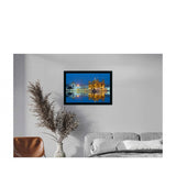 Multicolor golden temple painting displayed in photo frame on wall