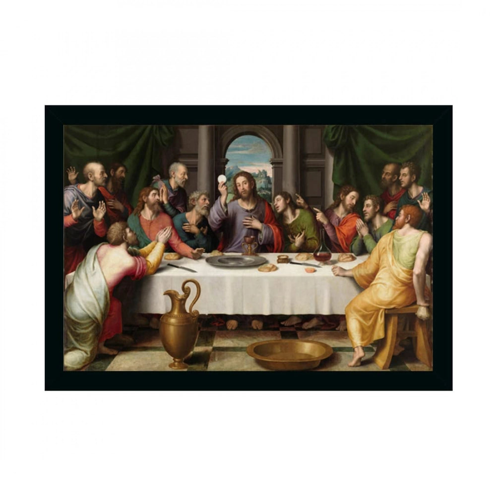 A multicolor painting of Jesus Christ and his apostles gathered around a table, within a synthetic photo frame