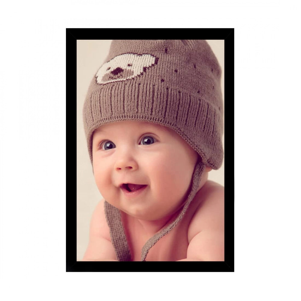 Multicolored photo frame with photo of baby wearing winter hat and beanie