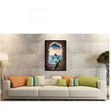 Peacock painting framed in a multicolored photo frame
