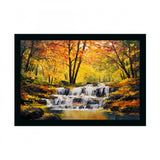 Vivid landscape painting featuring a waterfall, with autumn foliage and a stream in a multicolored frame