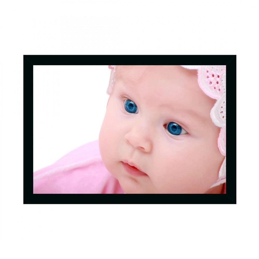 Multicolor photo frame displaying baby portrait painted on canvas, with multiple card slots