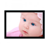 Multicolor photo frame displaying baby portrait painted on canvas, with multiple card slots