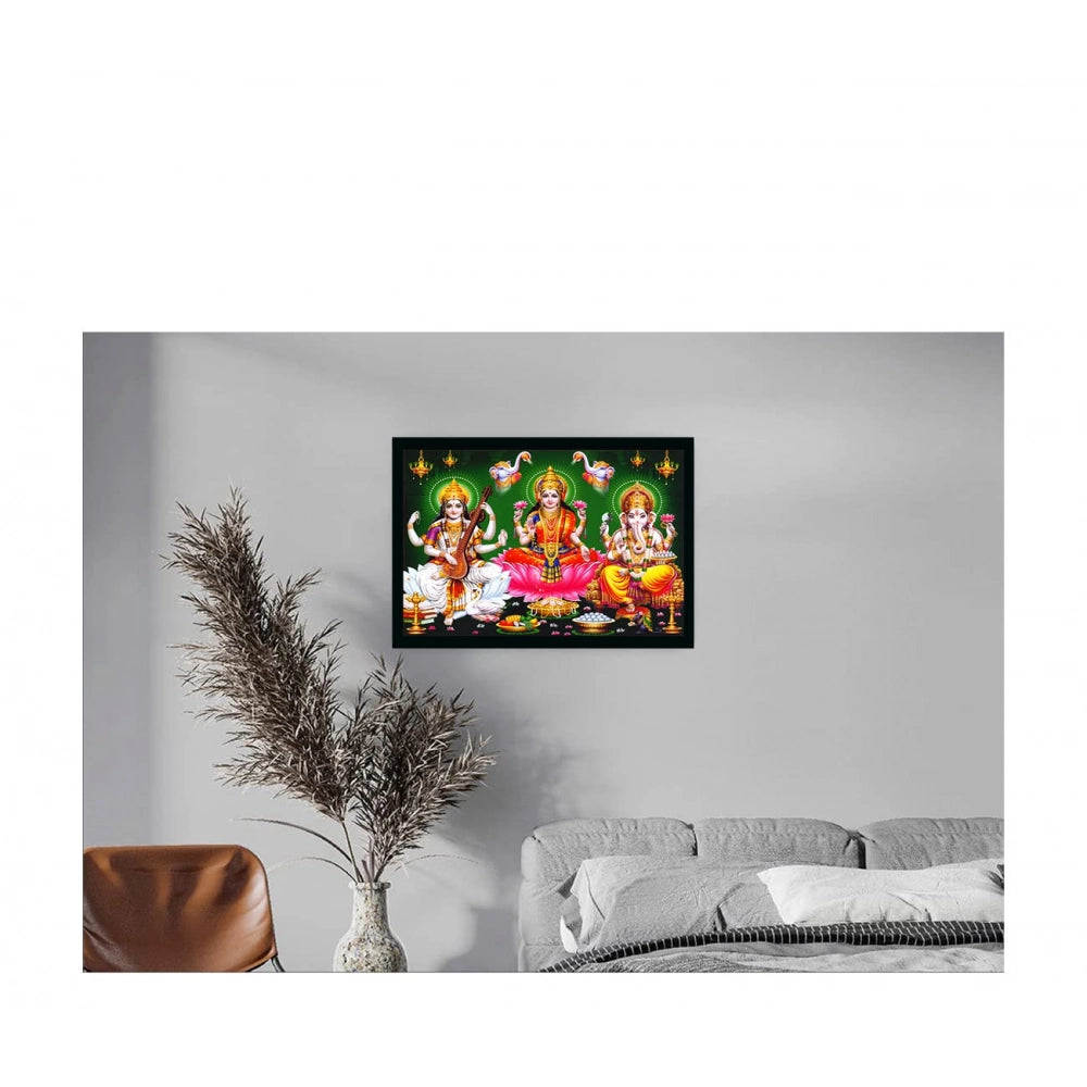 Laxmi Ganesh Saraswati Painting with Synthetic Photo Frame (Multicolor)