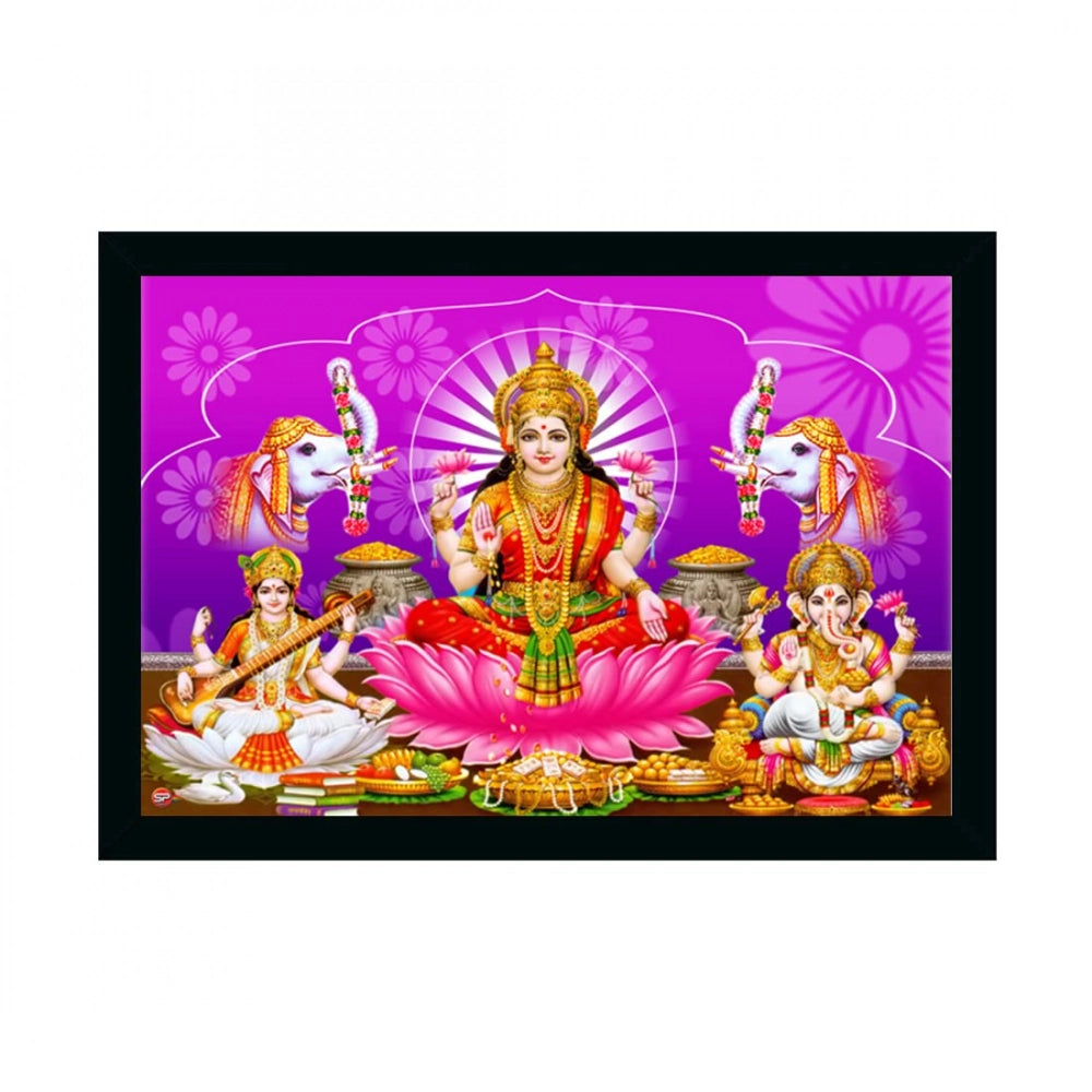 Multicolor Laxmi Ganesh Saraswati painting with synthetic frame.