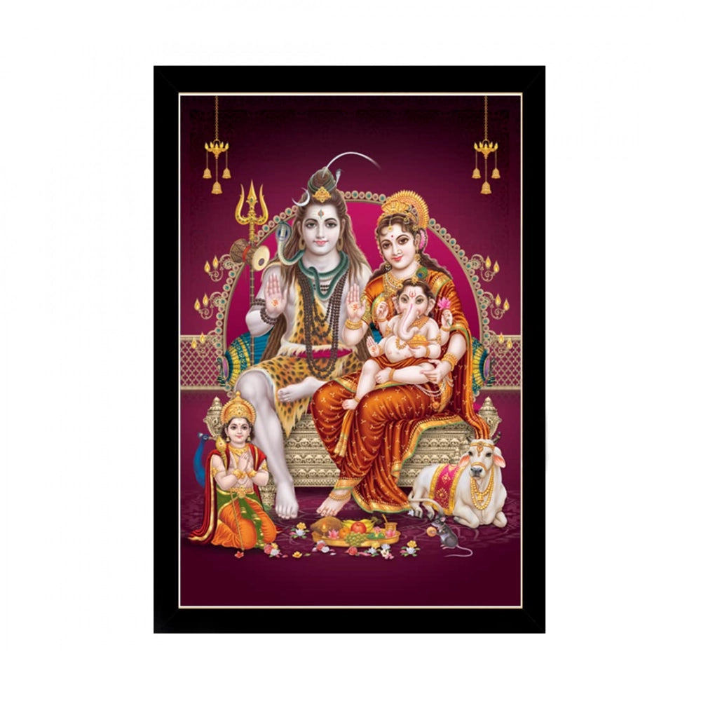 Lord Shiva and family in vibrant, multicolored painting within a photo frame