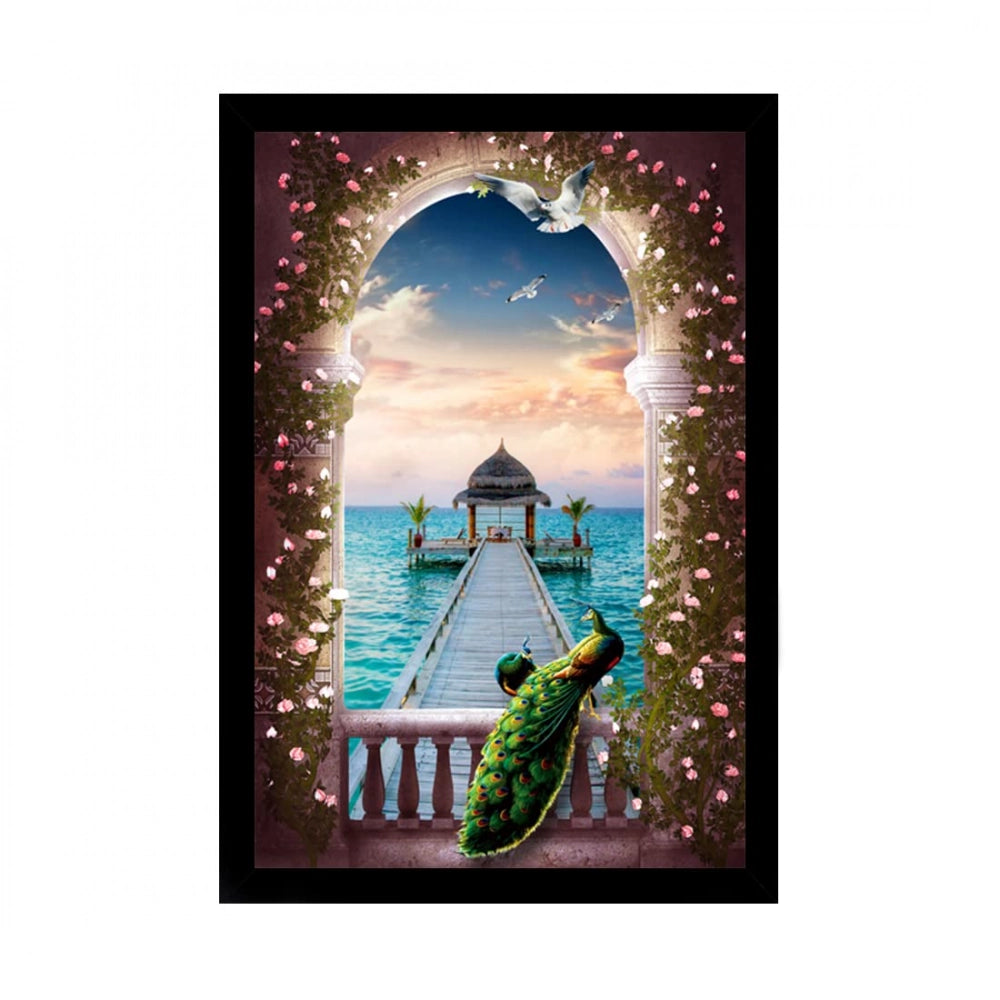 Multicolor synthetic photo frame painting of a peacock