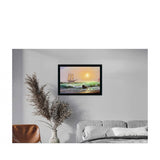 Multicolored painting of a boat in a sunset, within a photo frame