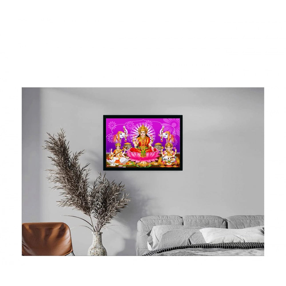 Multicolor Laxmi Ganesh Saraswati painting in synthetic frame.
