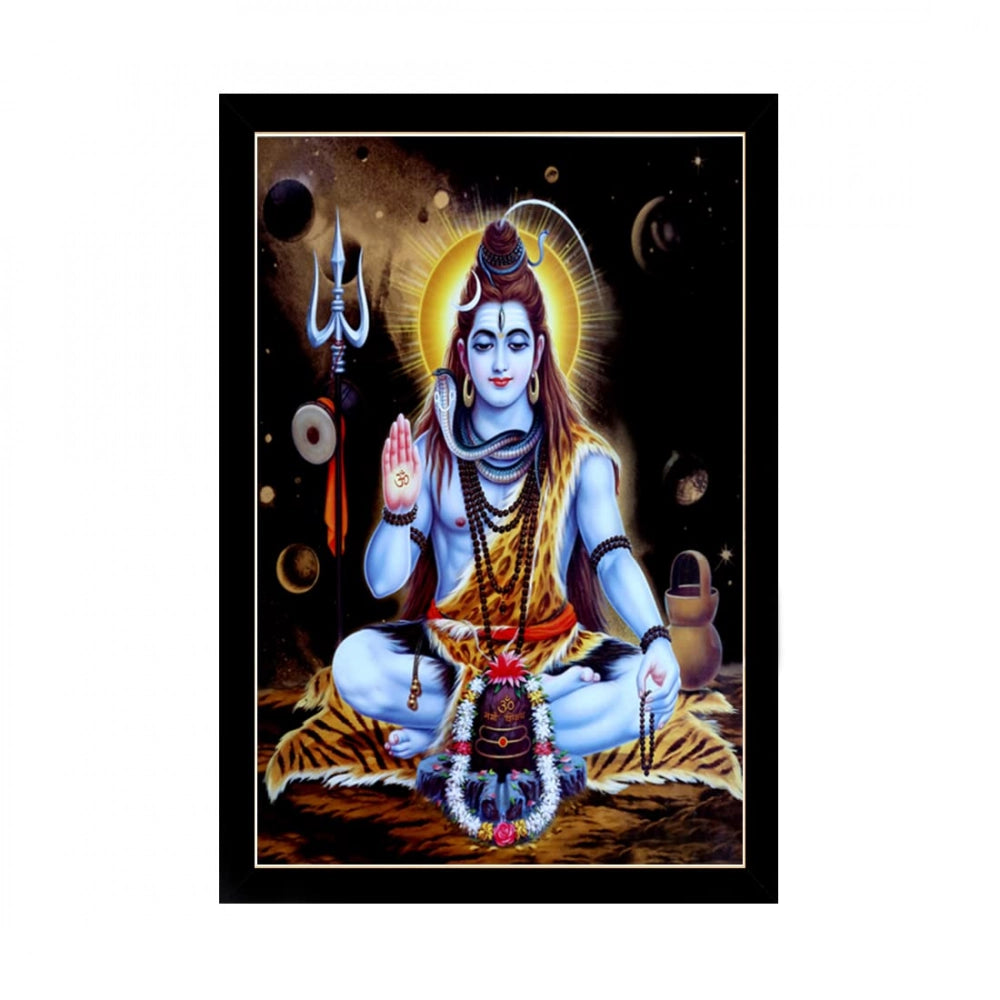The image depicts a Lord Shiva painting placed within a multicolored synthetic photo frame