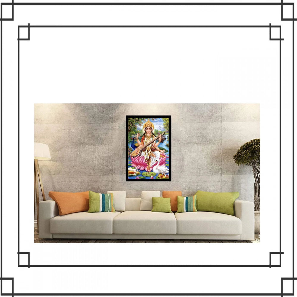Saraswati Maa Painting with Synthetic Photo Frame (Multicolor)