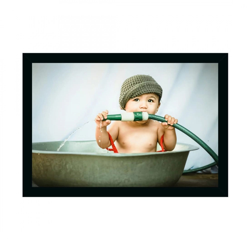 Multicolored photo frame with baby in white tub, painted background