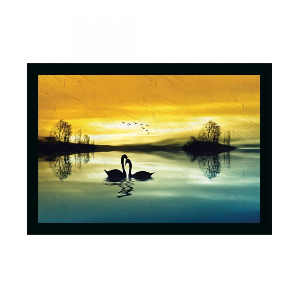 Multicolor photo frame with synthetic painting of swan and sunset on lake