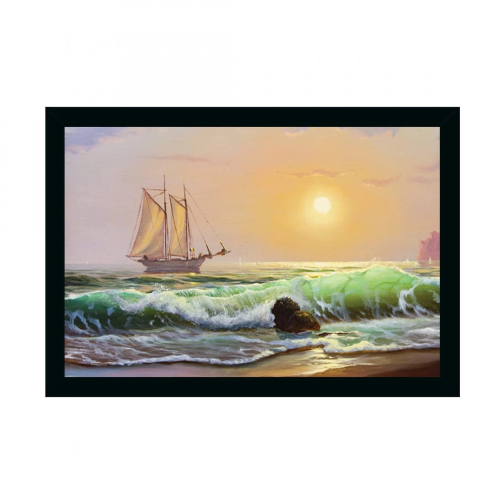 This is a painting of a boat on a wave, set in a multicolored photo frame
