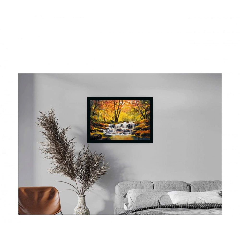 Natural landscape painting in a multicolored frame, depicting a waterfall and foliage