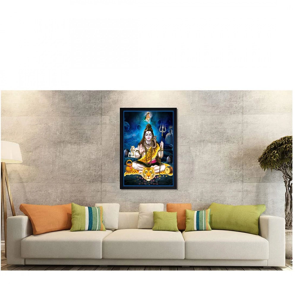 This is a painting of Lord Shiva in his divine form, beautifully crafted and framed. It's a vibrant piece of art that brings spirituality and divinity into your home or office space. The frame is made of synthetic material, giving it a contemporary look while not compromising on the intricate details of the painting