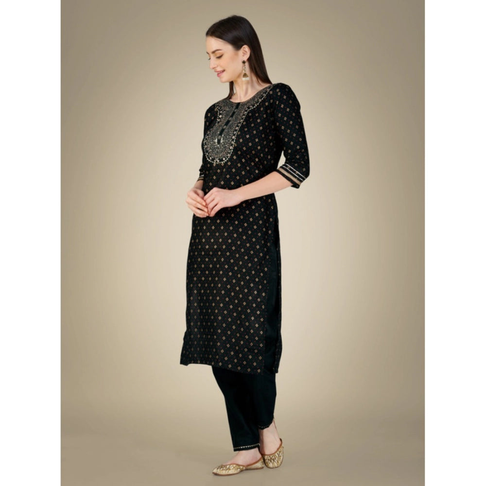 Women's Casual 3-4 th Sleeve Embroidery Cotton Kurti Pant Dupatta Set (Black)