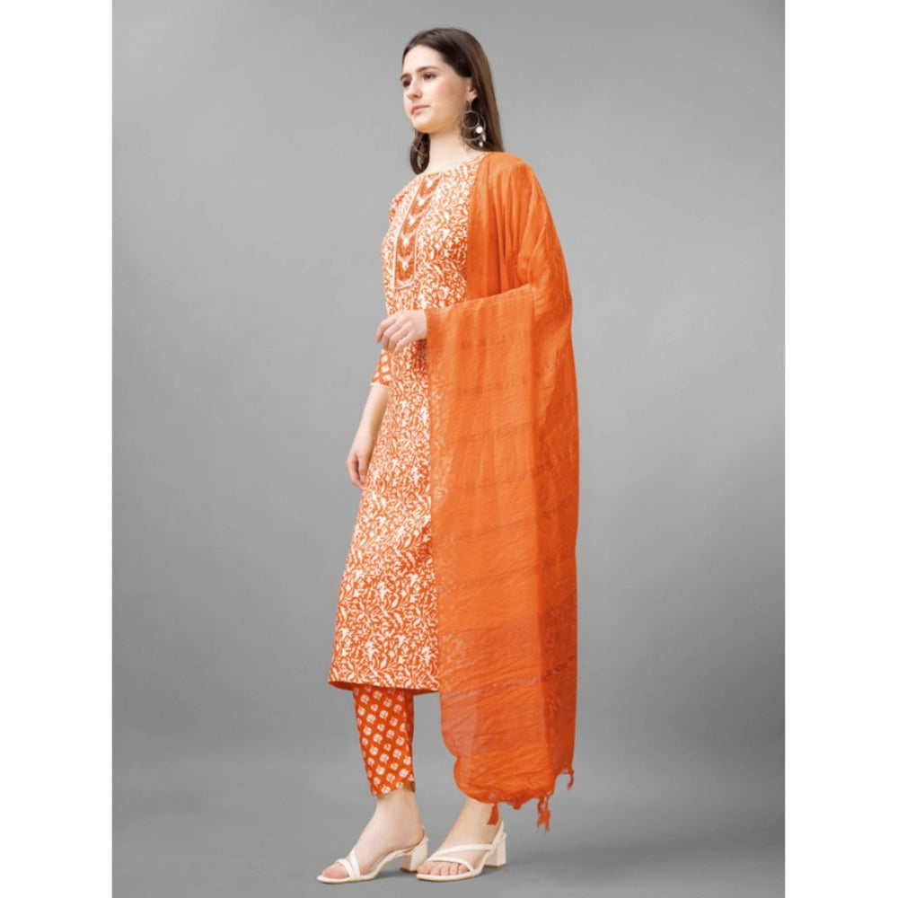Women's Casual 3-4 th Sleeve Embroidery Rayon Kurti Pant Dupatta Set (Orange)