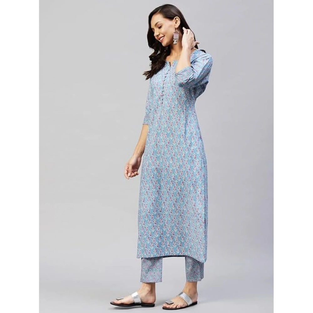 Women's Casual 3-4 th Sleeve Printed Cotton Kurti Pant Set (Pastel Blue)