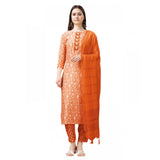 Women's Casual 3-4 th Sleeve Embroidery Rayon Kurti Pant Dupatta Set (Orange)