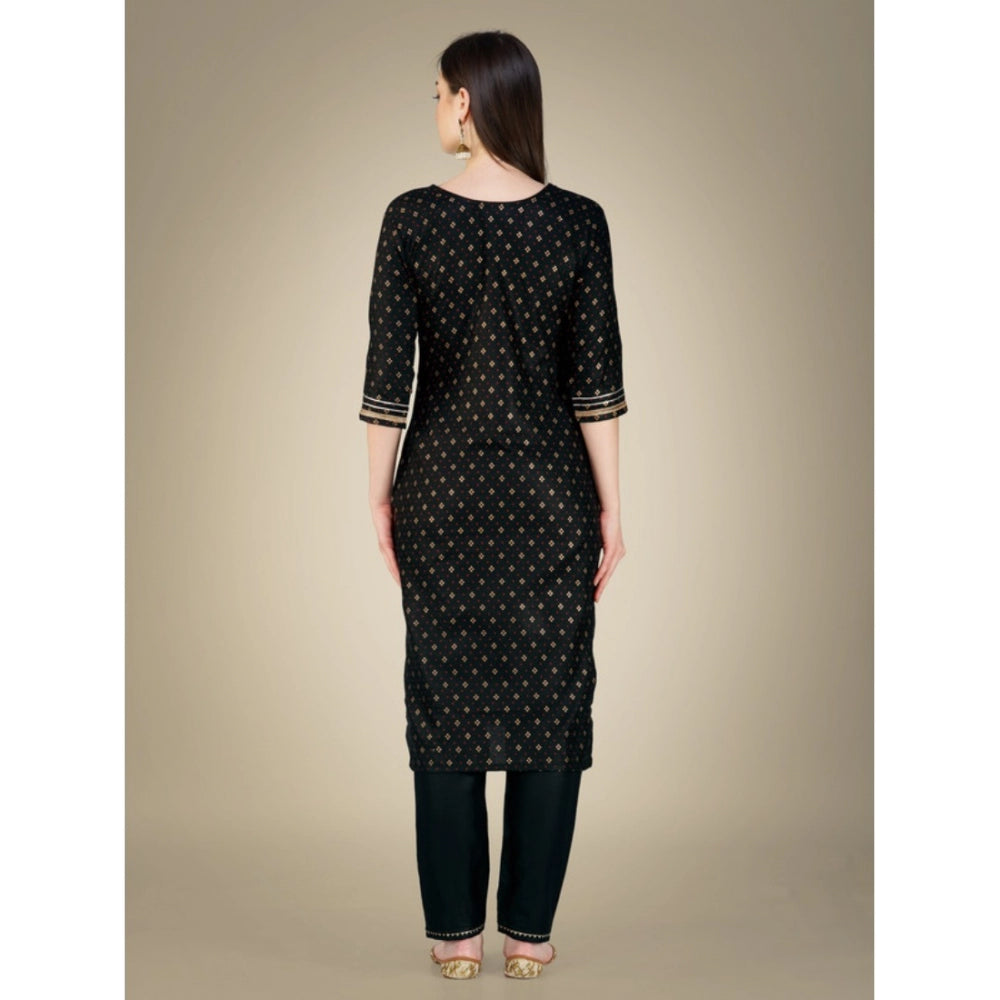 Women's Casual 3-4 th Sleeve Embroidery Cotton Kurti Pant Dupatta Set (Black)
