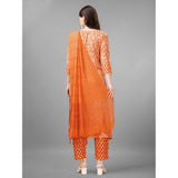 Women's Casual 3-4 th Sleeve Embroidery Rayon Kurti Pant Dupatta Set (Orange)