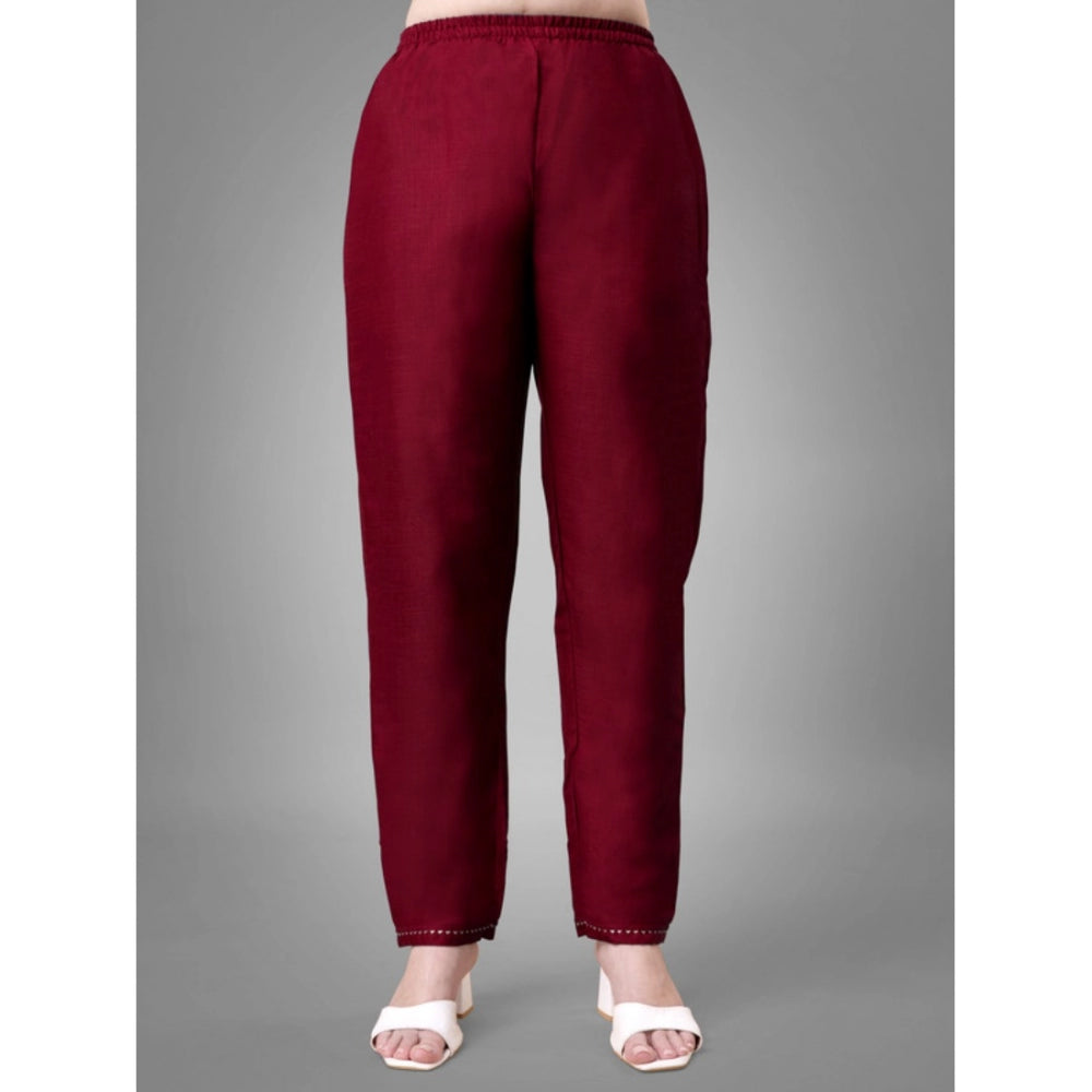 Women's Casual 3-4 th Sleeve Embroidery Cotton Kurti Pant Dupatta Set (Maroon)