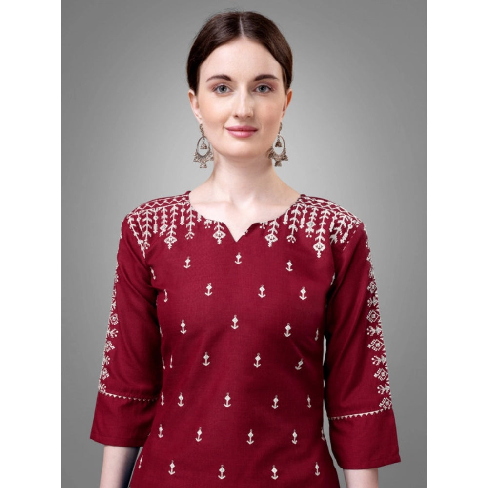 Women's Casual 3-4 th Sleeve Embroidery Cotton Kurti Pant Dupatta Set (Maroon)