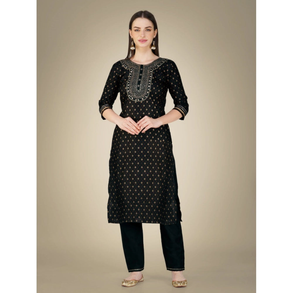 Women's Casual 3-4 th Sleeve Embroidery Cotton Kurti Pant Dupatta Set (Black)