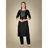Women's Casual 3-4 th Sleeve Embroidery Cotton Kurti Pant Dupatta Set (Black)